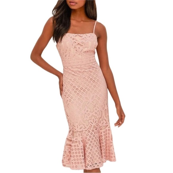 𝅺LULUS Unlimited Love Dusty Pink Lace Trumpet‎ Midi Dress Size S - Picture 5 of 12
